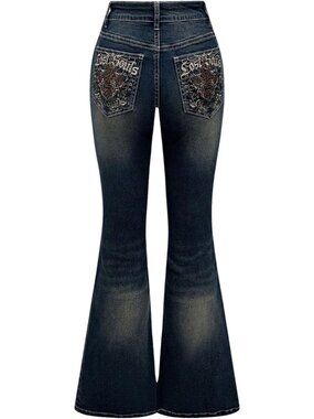 Women's Blue Denim Pant Pull On Y2k Goth High Waist Mid Rise Bell Bottom Jeans